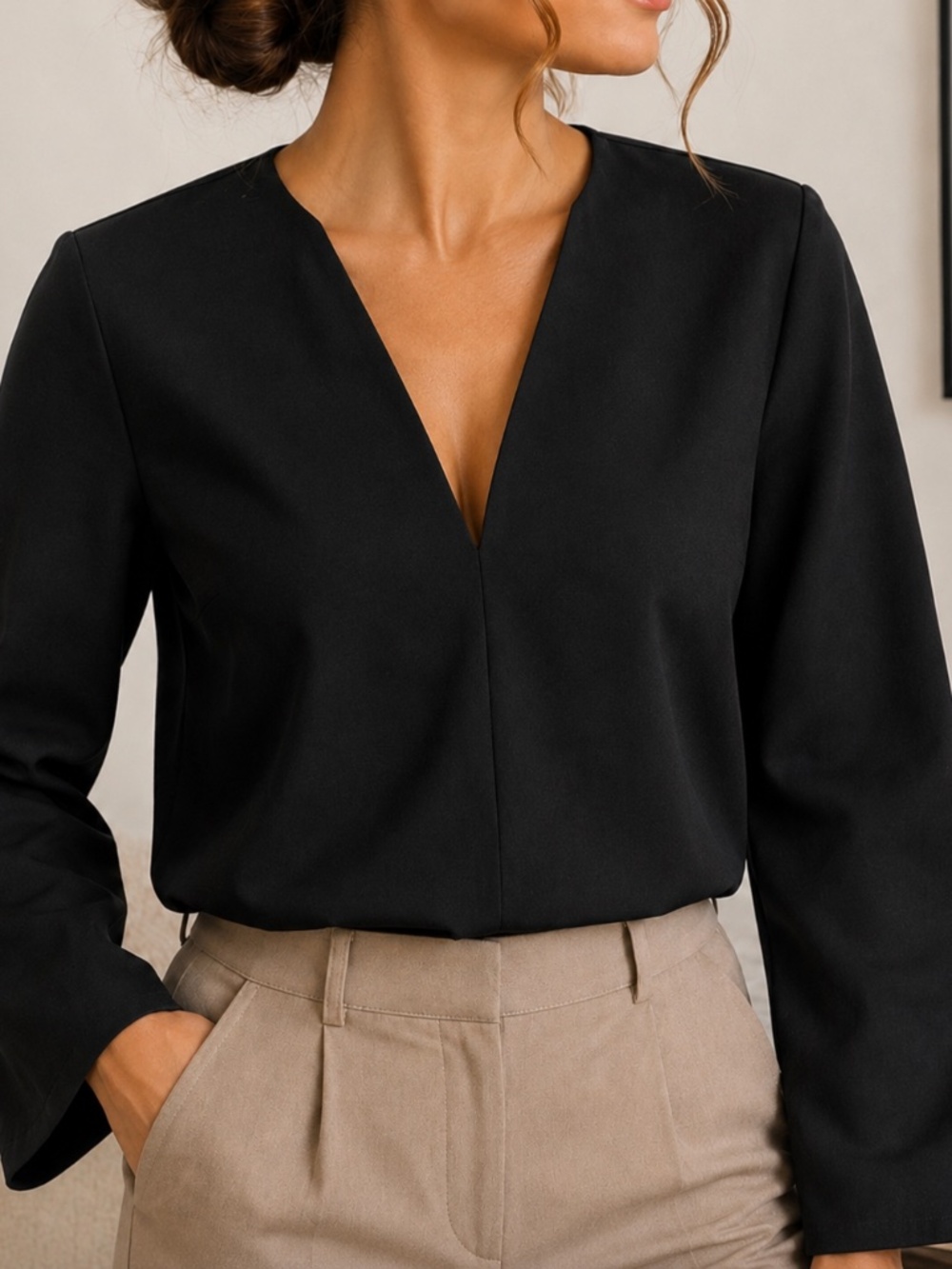 Zara NWT Black Structured Long Sleeve‎ Blouse Womens Large Minimalist Top